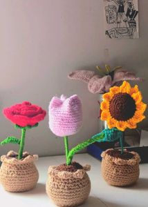 Crocheted Tulip , sunflower ,rose Potted Plant
