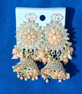 Elegant Jhumka Earrings with Peach Beads