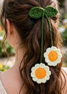 Crocheted Daisy Hair carms with bag charms, 2 in o