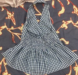 Black &amp; White Gingham Halter Neck Peplum Top