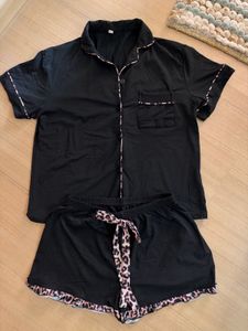 Black Pajama Set with Leopard Print Trim