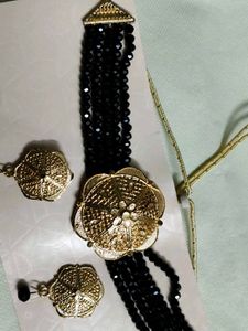 Black Beaded Choker Necklace with Earrings
