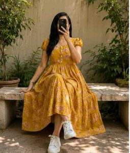 Yellow Floral Print Maxi Dress-M