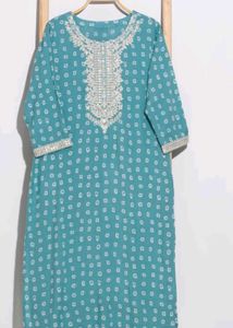 Teal Printed Kurti with Embroidery