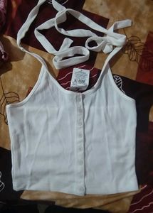 White Ribbed Halter Neck Button-Up Top