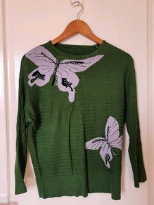 Green Butterfly Embellished Sweater