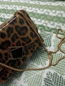 Leopard Print Clutch with Gold Chain