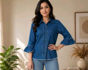 Denim Shirt 🌈 With Ruffle Sleeve