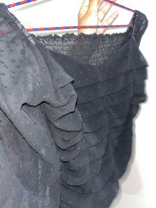 Chic Black Ruffle Sheer Sleeve Top