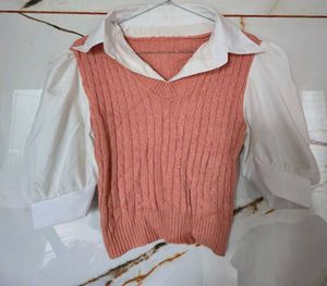 Chic Pink Knit Sweater Vest with White Shirt