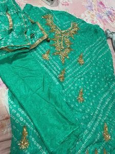 Green Bandhani Kurta Set with Golden Embroidery