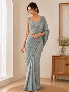 Elegant Grey Ruffled Saree with Embellished Blouse