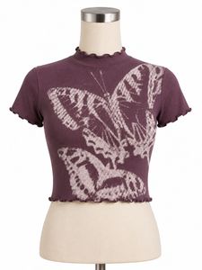 Butterfly Print Lettuce Hem Crop Top