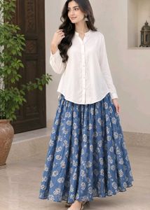 Boho Blue Floral Maxi Skirt & White Blouse Set