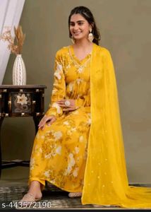 Women's Yellow Floral Kurta Set with Dupatta