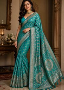Teal Silk Saree with Silver Border