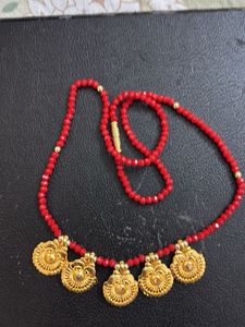 Red Beaded Necklace with Gold Pendants