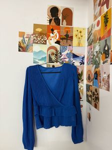 Stylish Blue Pleated Wrap Top