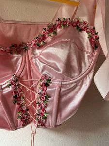 Pink Satin Corset Top with Floral Detail