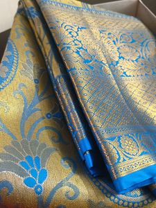 unique Exquisite Blue &amp; Gold Brocade Saree