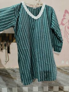 Green Striped Kurta with Lace Detail