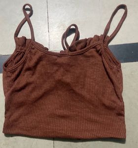 Brown Ribbed Cropped Top with Tie Detail