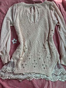 Sheer Sleeve Lace Trim Knit Top
