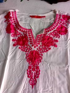 White Kurta with Pink Embroidery