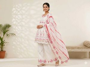 Mirror Work Elegant White Kurta Set with Pink