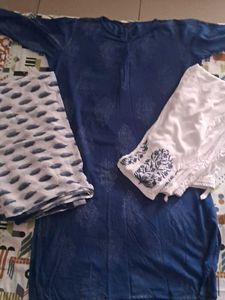 Blue Kurta Set with White Pants & Dupatta