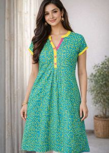 Teal & Yellow Leaf Print Kurta