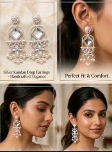 Elegant Silver Kundan Drop Earrings