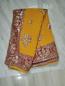 Beautiful Yellow Embroidered Silk Saree