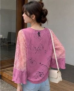 Korean Chic Pink Floral Lace Sleeve Top
