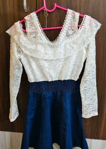 White Lace &amp; Denim Dress