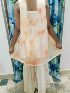 Shimmering Peach &amp; White Sharara Set