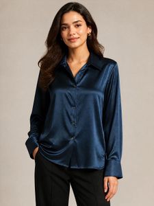 Elegant Navy Satin Button-Down Shirt