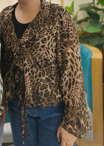 Leopard Print Ruffle Tie-Front Top