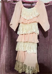 Peach &amp; White Layered Lace Dress