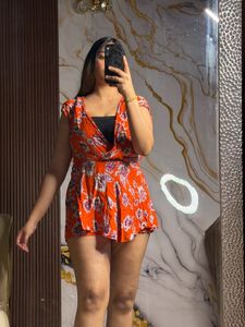 Chic Orange Floral Romper