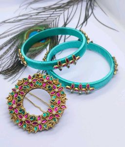 Elegant silk thread bangles with upin combo set