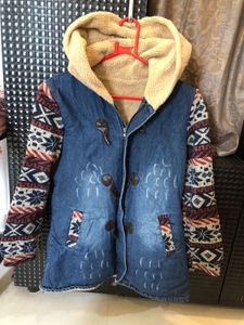 Cozy Denim Jacket with Tribal Print Sleeves