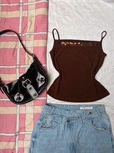 Y2K Brown Embellished Camisole Top
