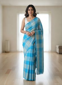 Blue & White pure cotton checked saree without blo
