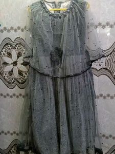 Sparkling Grey Net Gown with Pearl Embellishments