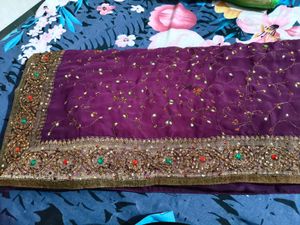 heavy work embroidery stone saree with stitched bl