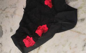 Black Lace Briefs with Red Floral Applique