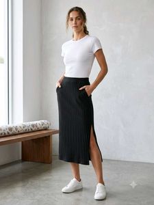 Black Ribbed Midi Skirt with Pockets