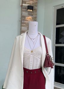 Chic White Blazer & maroon shorts Outfit