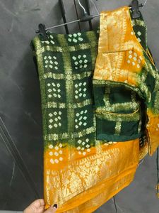 Green &amp; Yellow Bandhani Saree with Blouse